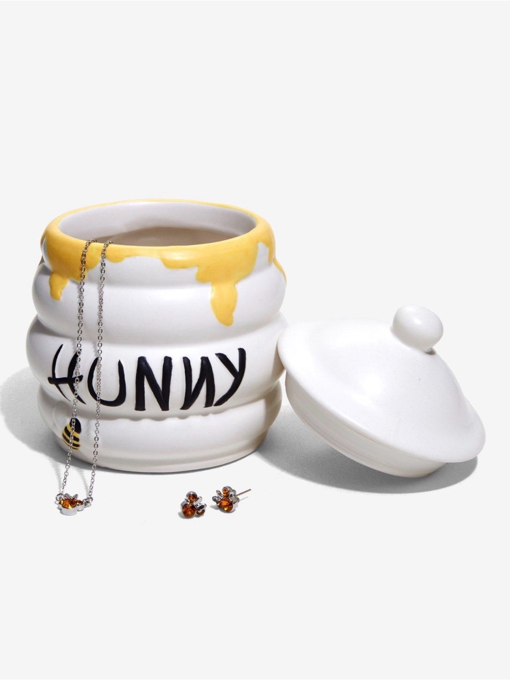 Disney White and Yellow 'Hunny' Jewelry Jar with Bee Necklace and Amber Studs